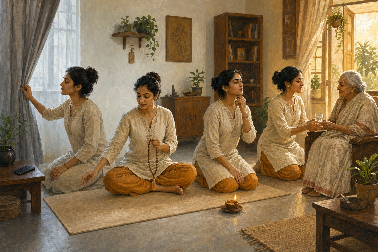 The same practitioner appears across a continuous scene, putting away a phone, returning to prayer beads, pausing beside a lamp, and helping an older family member.