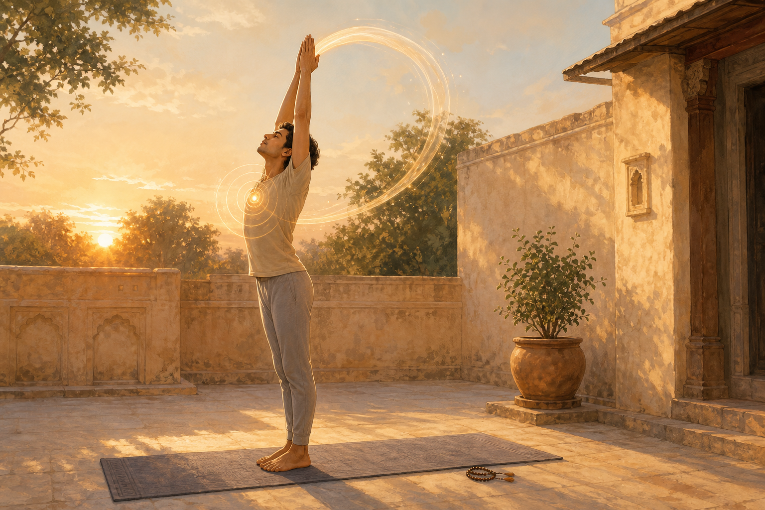 A devotee raises both arms during a gentle Surya Namaskar in a dawn-lit courtyard, with subtle flowing arcs suggesting coordinated breath and attention.