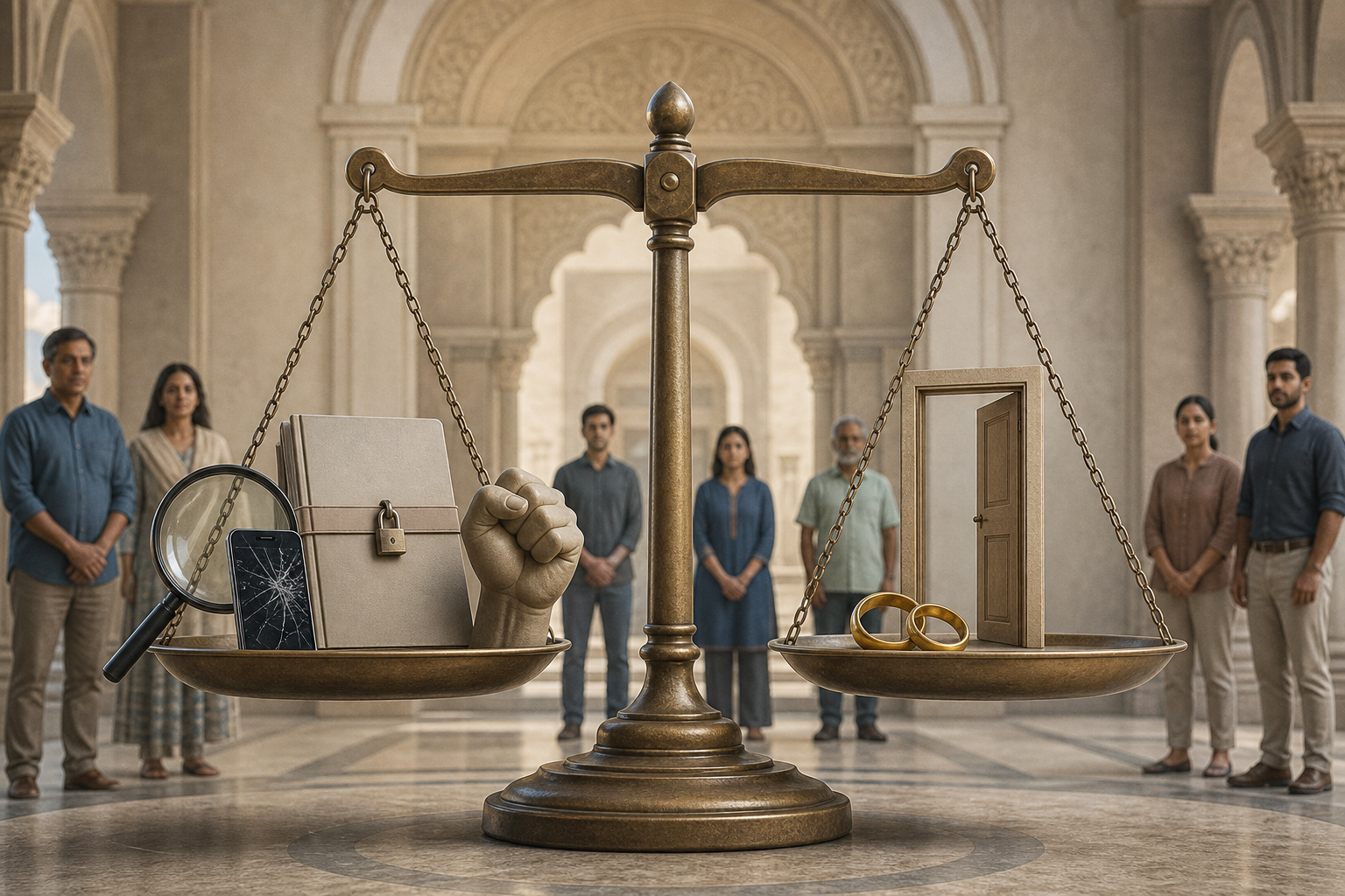 A balance scale compares objects suggesting evidence of coercive conduct with wedding rings and an open doorway representing adult choice.