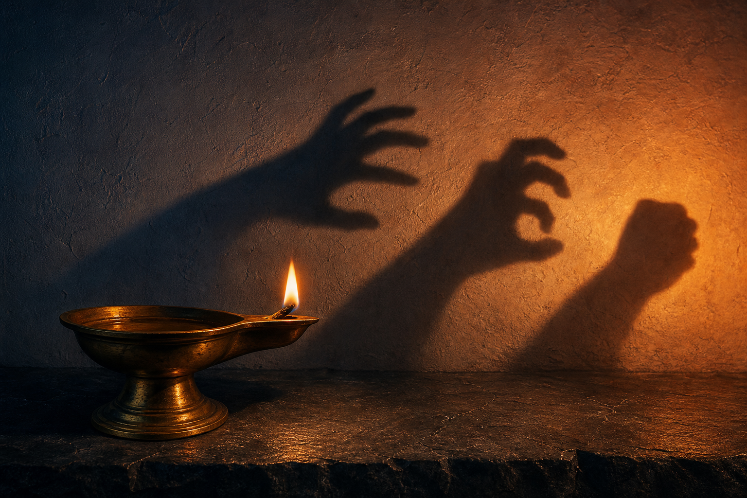 A brass oil lamp casts shadows that progress from an open reaching hand to a clenched fist on a wall.