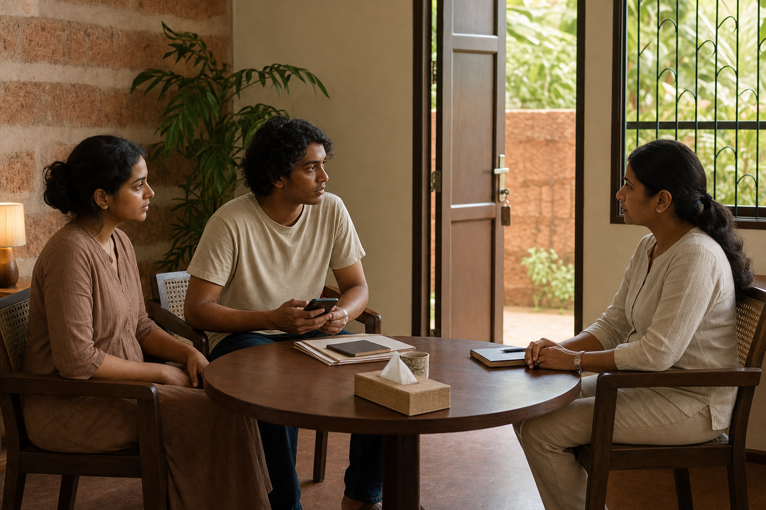 An adult and a concerned friend speak privately with a counselor in a quiet office with an unlocked door nearby.