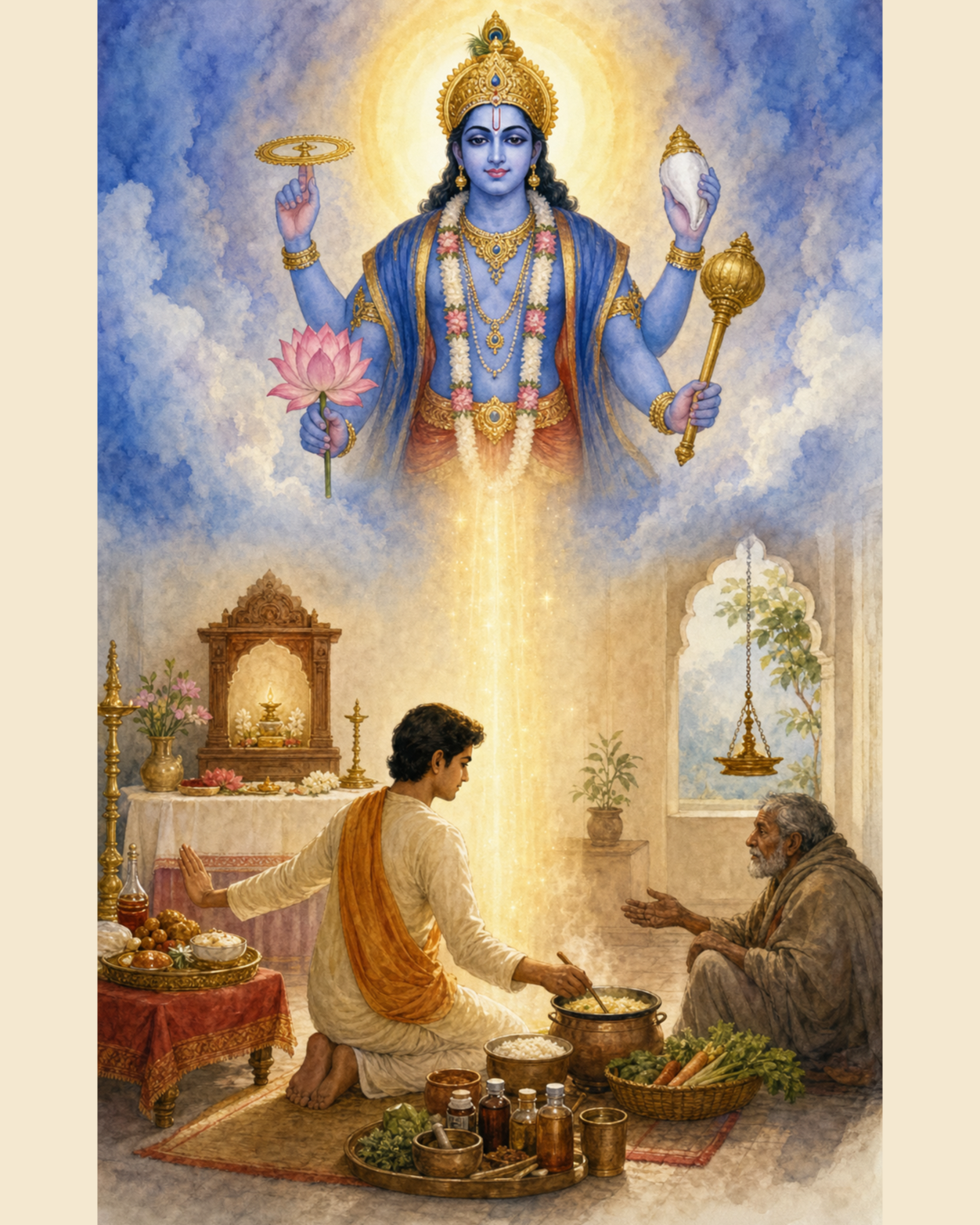 A four-armed blue figure of Aniruddha appears above a devotee who turns from a tray of luxuries to prepare food and medicine for someone in need.