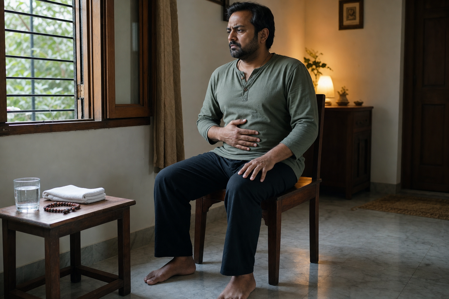 A seated adult grounds both feet, rests an open hand on one thigh, and feels the breath at the abdomen beside an open window.