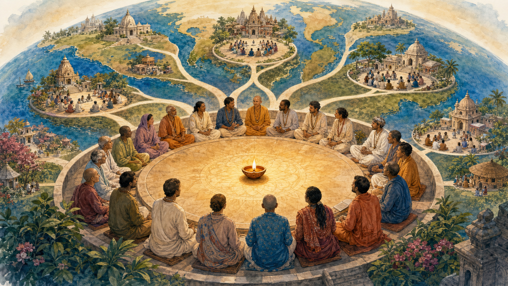 A diverse group of devotees sits around a circular council table with a glowing oil lamp at the center, while branching paths connect the council to regional courtyards and local temples around a globe.