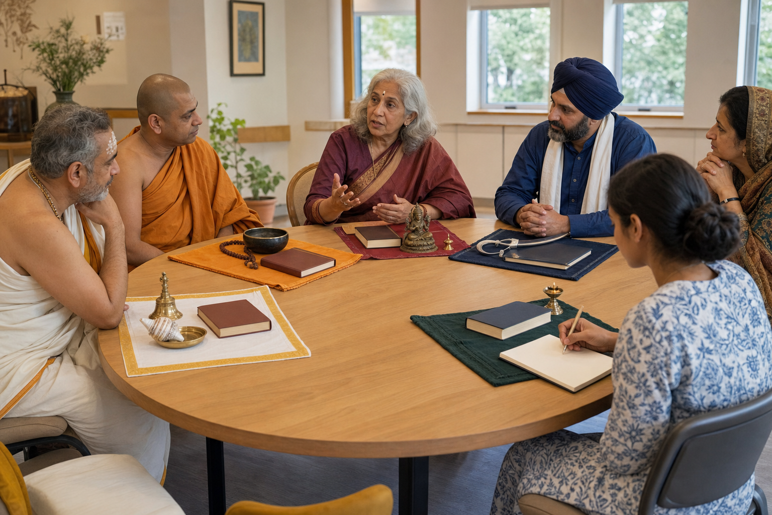 People listen to an older woman around a circular table where separate books and ceremonial objects rest on individual cloths.