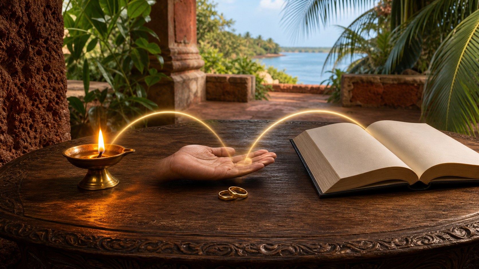 A brass oil lamp, an unmarked open legal book, wedding rings, and an open hand are arranged on a wooden table overlooking a Goan courtyard.
