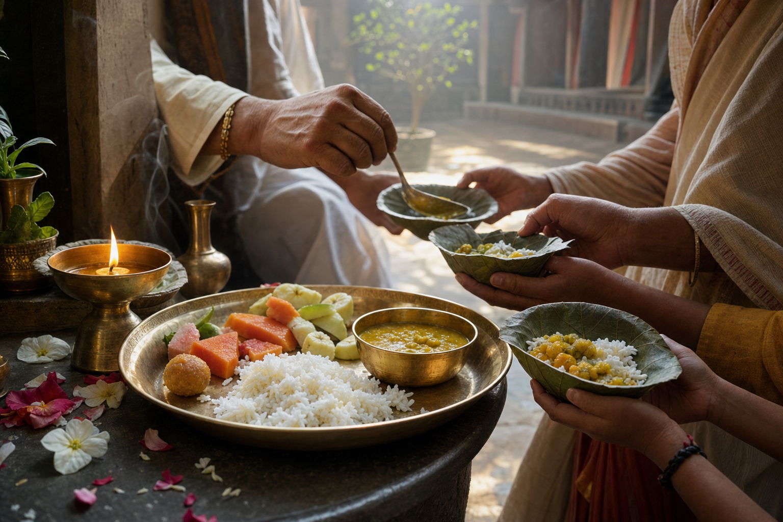 A brass plate of rice, dal, vegetables, fruit, and sweets beside a ghee lamp as several hands share portions into leaf bowls.