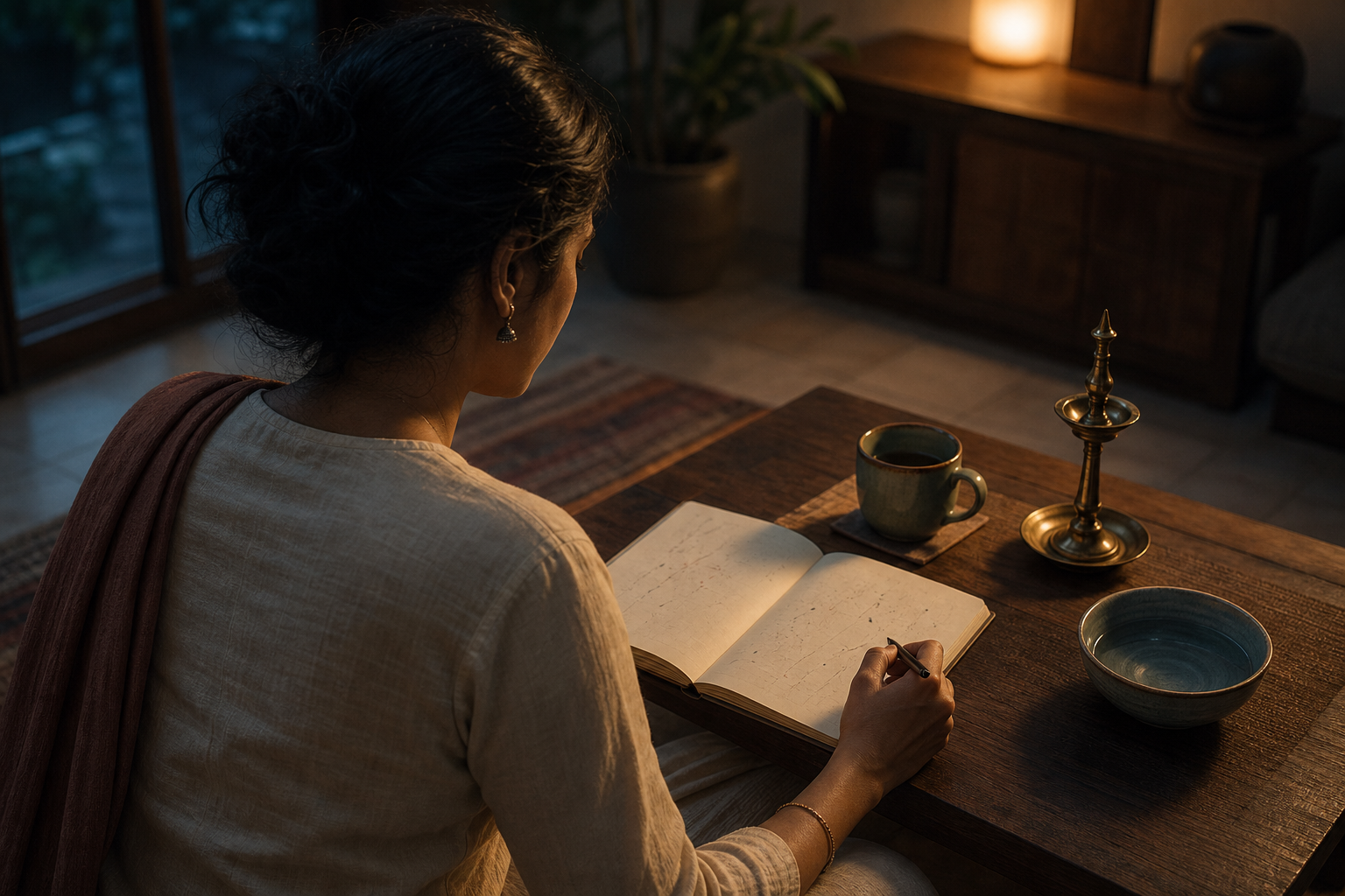 An adult reflects at a low desk with an open journal, a cooled cup of tea, and an extinguished brass lamp.