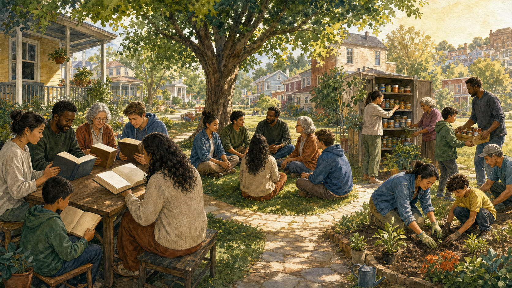 The same community studies together at a table, reflects beneath a tree, and then stocks a pantry and plants a neighborhood garden.