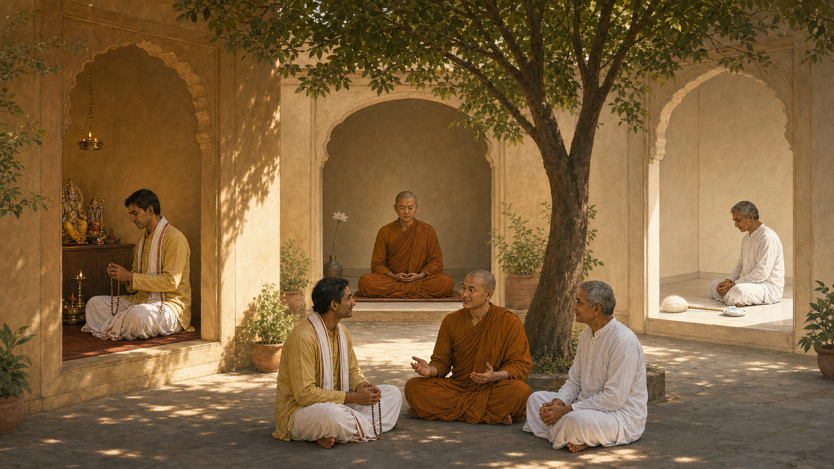 Vaishnava, Buddhist, and Jain practitioners follow distinct contemplative practices in separate alcoves and then meet respectfully in a shared courtyard.