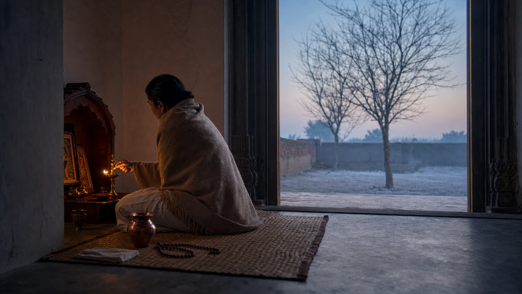 A shawled adult lights a brass oil lamp at a small household shrine while cold dawn and a leafless tree appear beyond an open doorway.