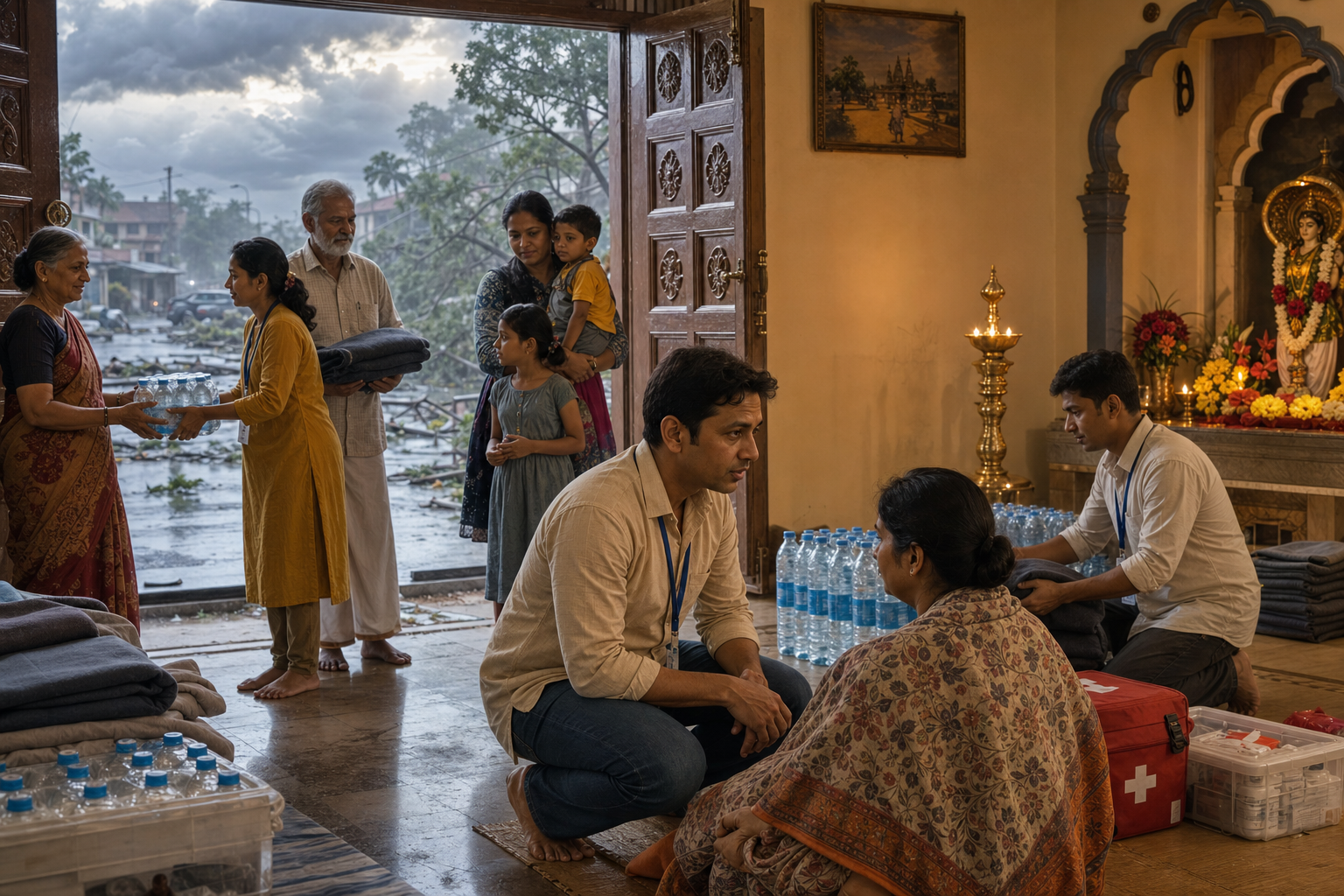 Volunteers distribute water, blankets, and first-aid supplies in a Hindu community hall while a small diya glows at a respectful puja space in the background after a storm.