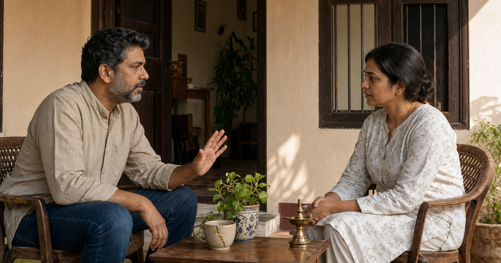Two adults speak calmly across a small table, with open hands and a visibly repaired ceramic cup between them.