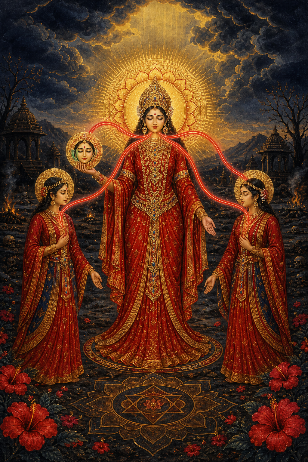 A traditional-style illustration of Chhinnamasta holding her severed head as three symbolic streams of life-force nourish her and two attendants.