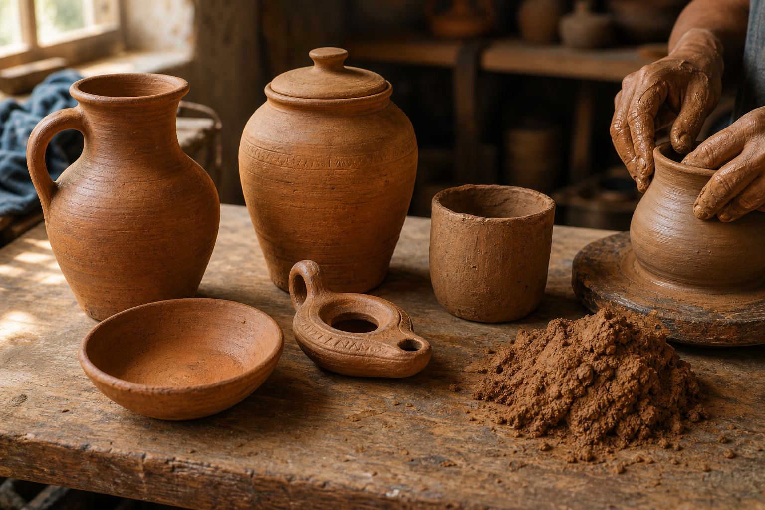 Different terracotta vessels, a lamp, a bowl, and raw clay sit on a potter's table as hands shape another vessel.