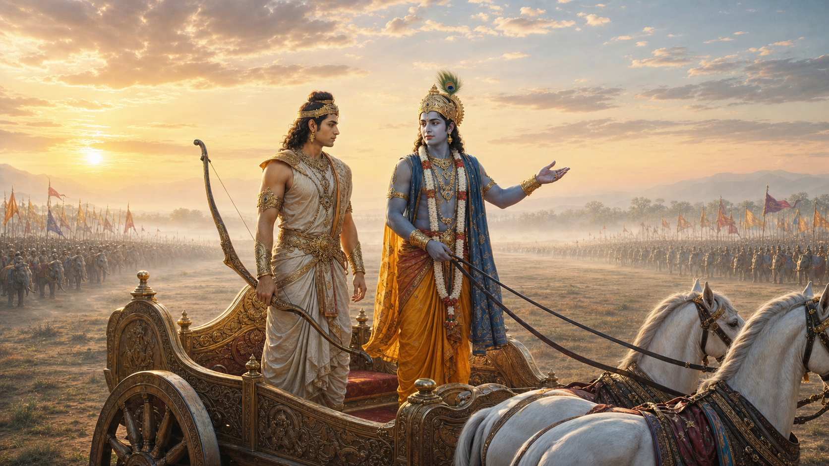 Krishna counsels Arjuna on a stationary chariot at dawn as Arjuna holds his lowered bow between two distant armies.