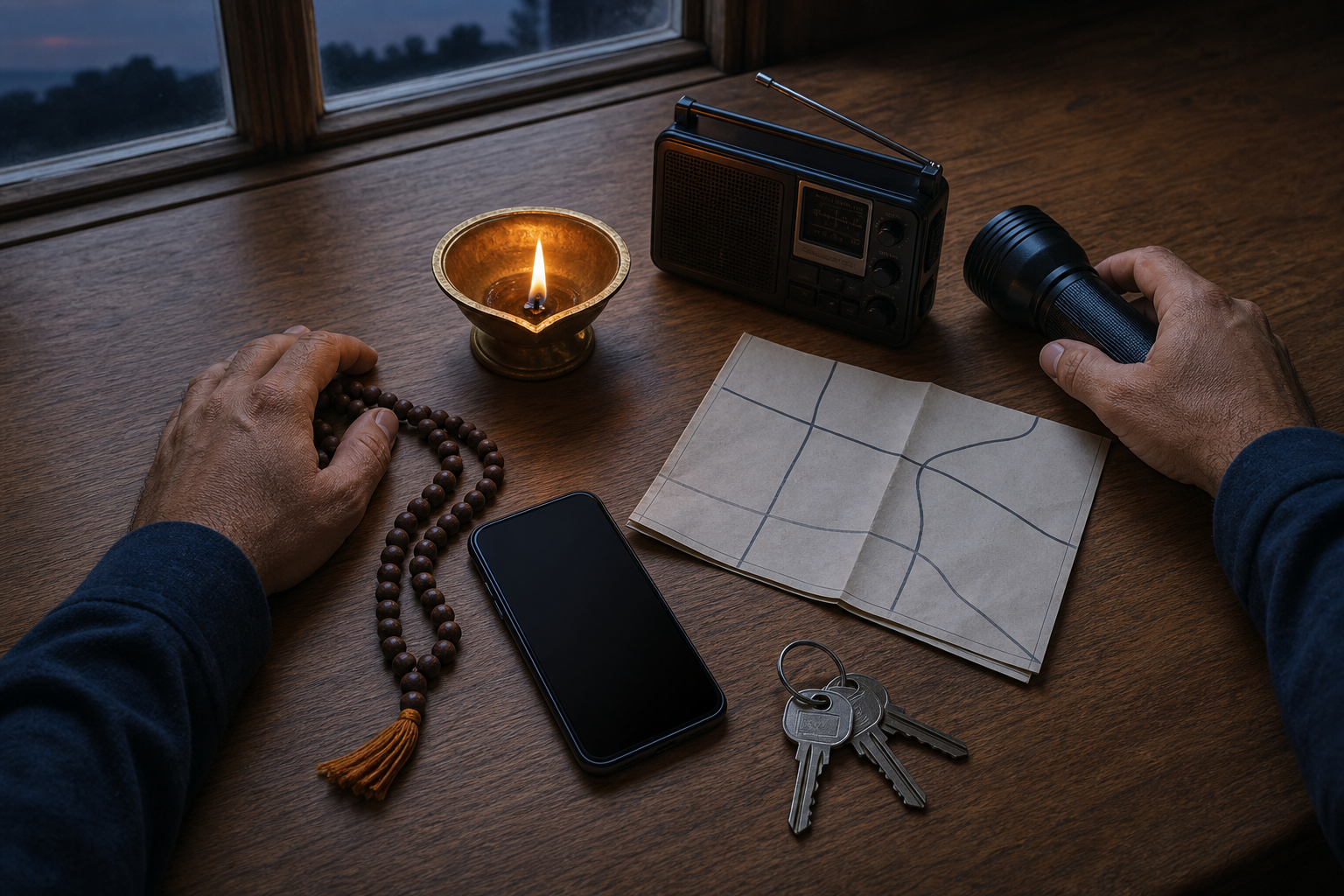 A lit brass diya and prayer beads sit beside an emergency flashlight, radio, phone, keys, and an unlabeled evacuation map as a hand reaches toward the flashlight.