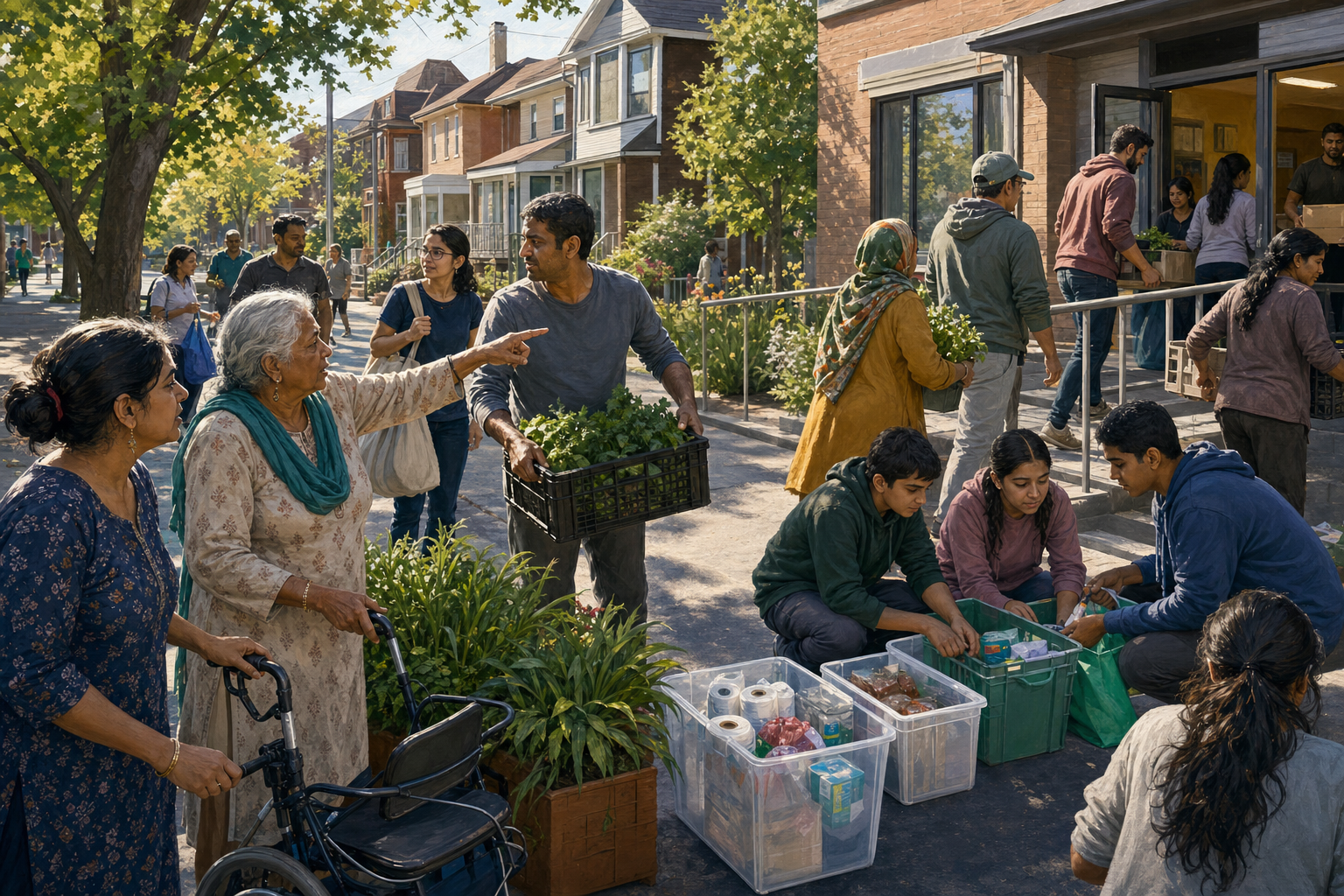 Residents direct volunteers who are sorting produce, mobility aids, reusable bags, and garden supplies outside a neighborhood community center.