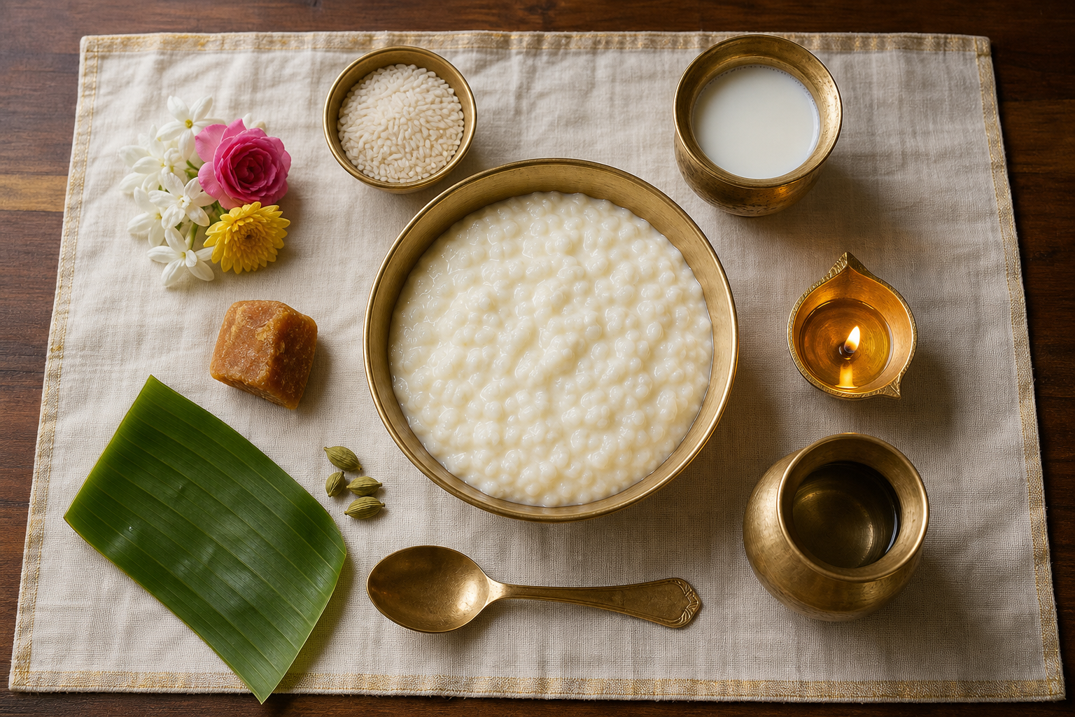 A brass bowl of milk rice arranged with rice, milk, jaggery, cardamom, flowers, a banana leaf, water, and a lit ghee lamp.