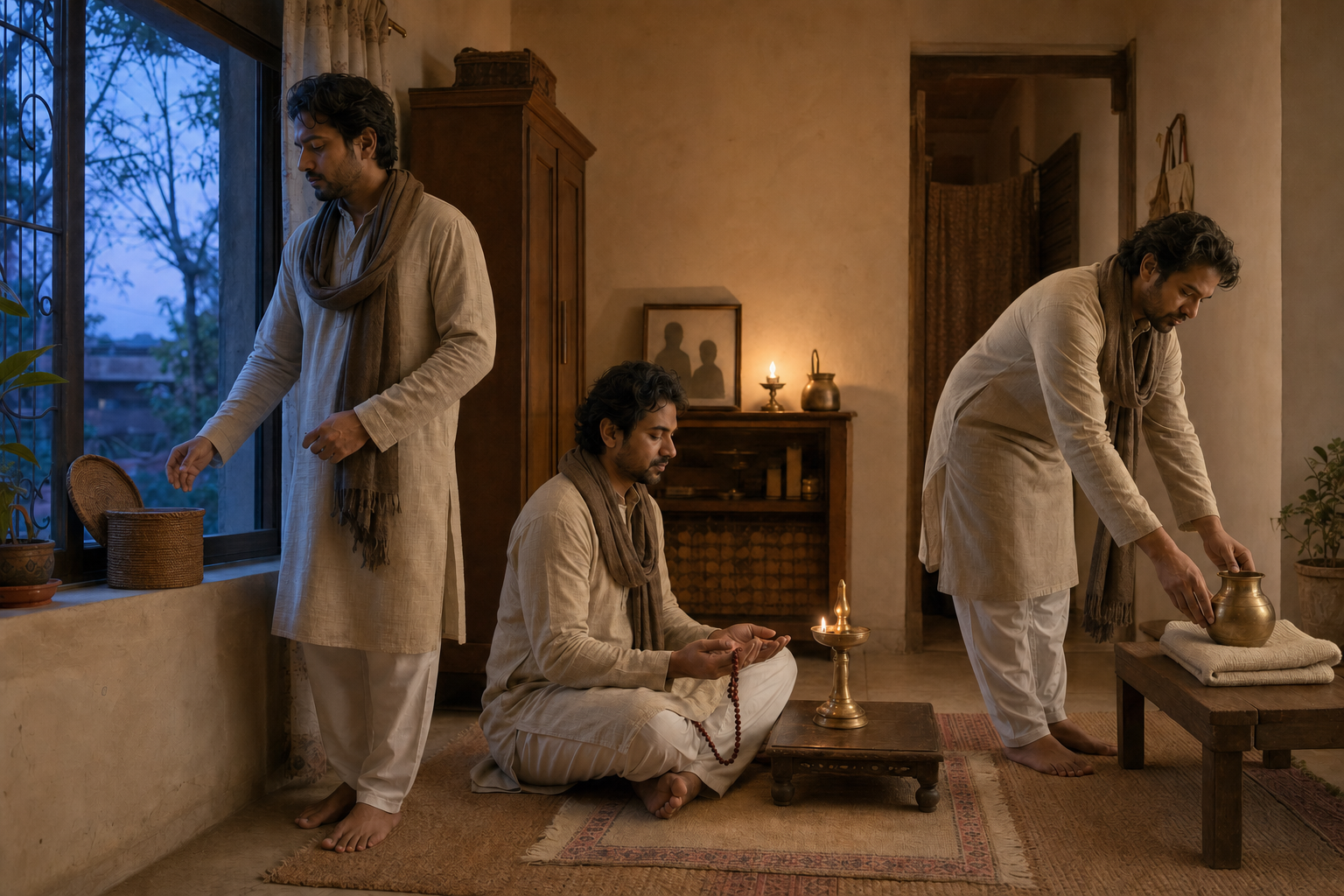 A winter evening scene moves from putting away a phone, to quiet prayer by an oil lamp, to preparing a water vessel and meditation cloth for morning practice.