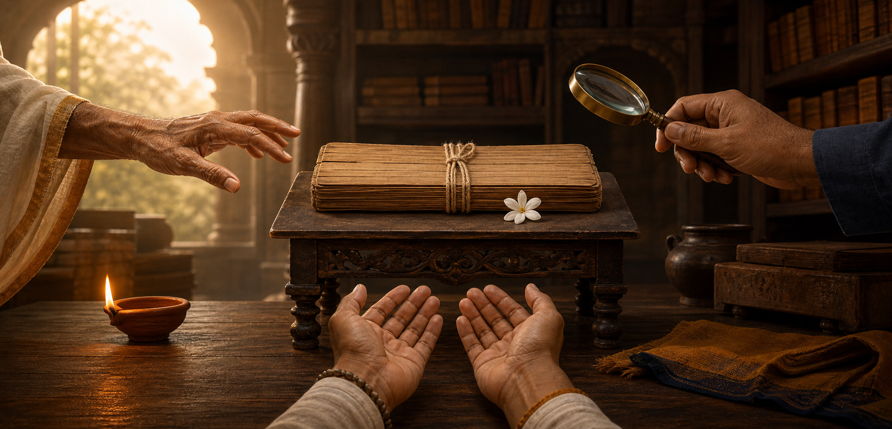 A closed palm-leaf manuscript on a wooden stand, surrounded by the hands of an elder, a researcher with a magnifying lens, and a devotee.