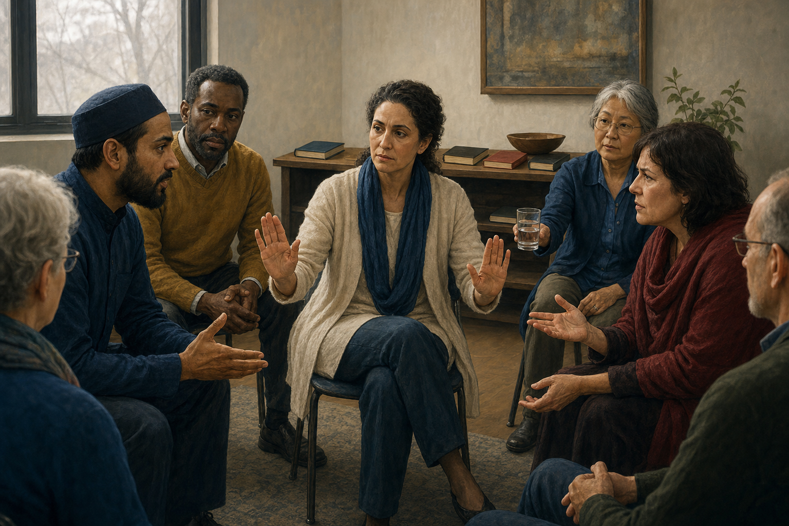 A facilitator guides a serious discussion between two participants while the surrounding circle listens and one person offers water.