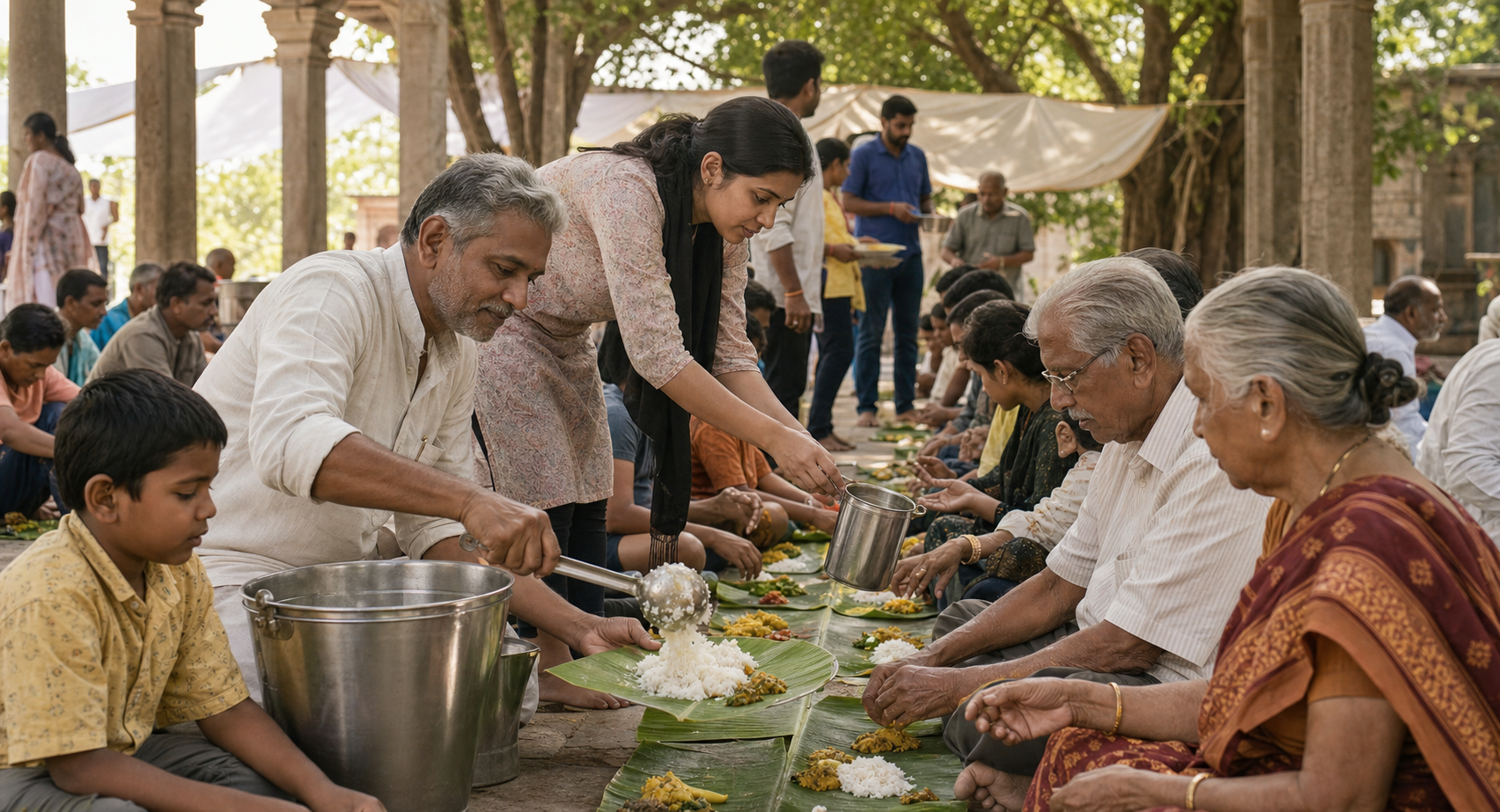 Volunteers serve a vegetarian meal on banana leaves to elders, families, children, and travelers seated together in a shaded courtyard.