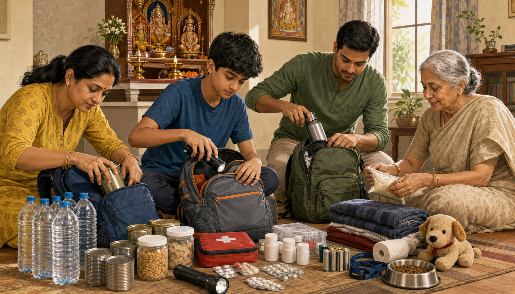 A multigenerational family packs water, food, medicine, flashlights, first-aid supplies, and blankets into emergency bags near a small home shrine.