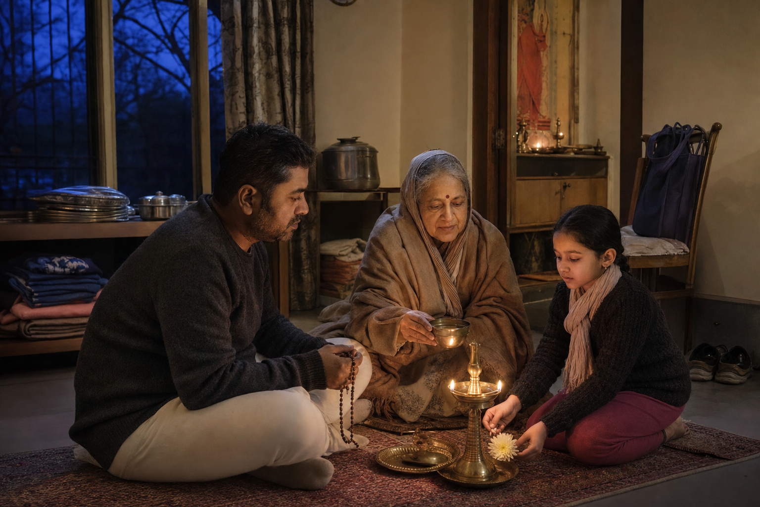 Three generations gather briefly around a brass oil lamp in a lived-in home, with work, school, cooking, and laundry items visible nearby.