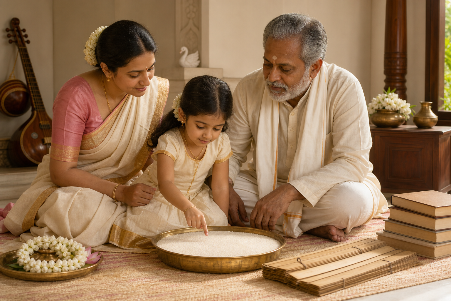 A child sits with a parent and an elder, holding a finger above a brass plate of white rice beside books, jasmine, and a veena.
