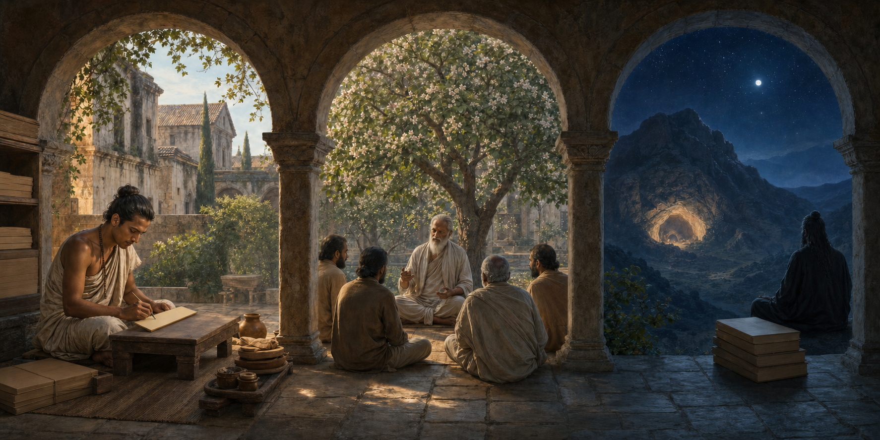 Three adjoining scenes show a scribe at a low desk, a teacher speaking to listeners beneath a tree, and a silhouetted figure in a mountain cave.