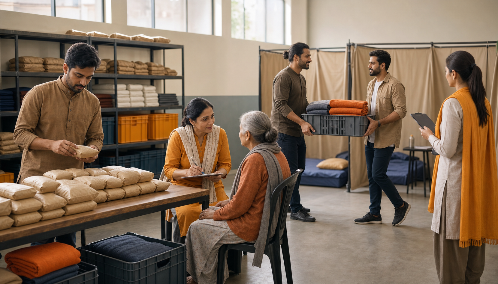 Volunteers count food parcels, carry supply crates, assist an older visitor, and coordinate tasks at an orderly community relief station.