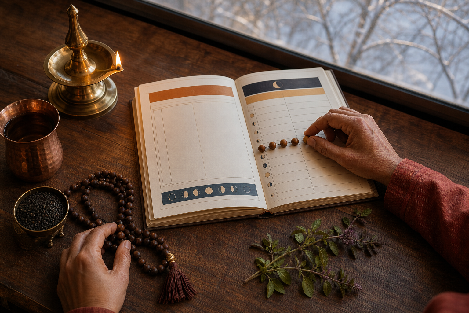 A hand consults an open, unlettered almanac beside a burning oil lamp, prayer beads, a copper cup, sesame seeds, and sacred basil.