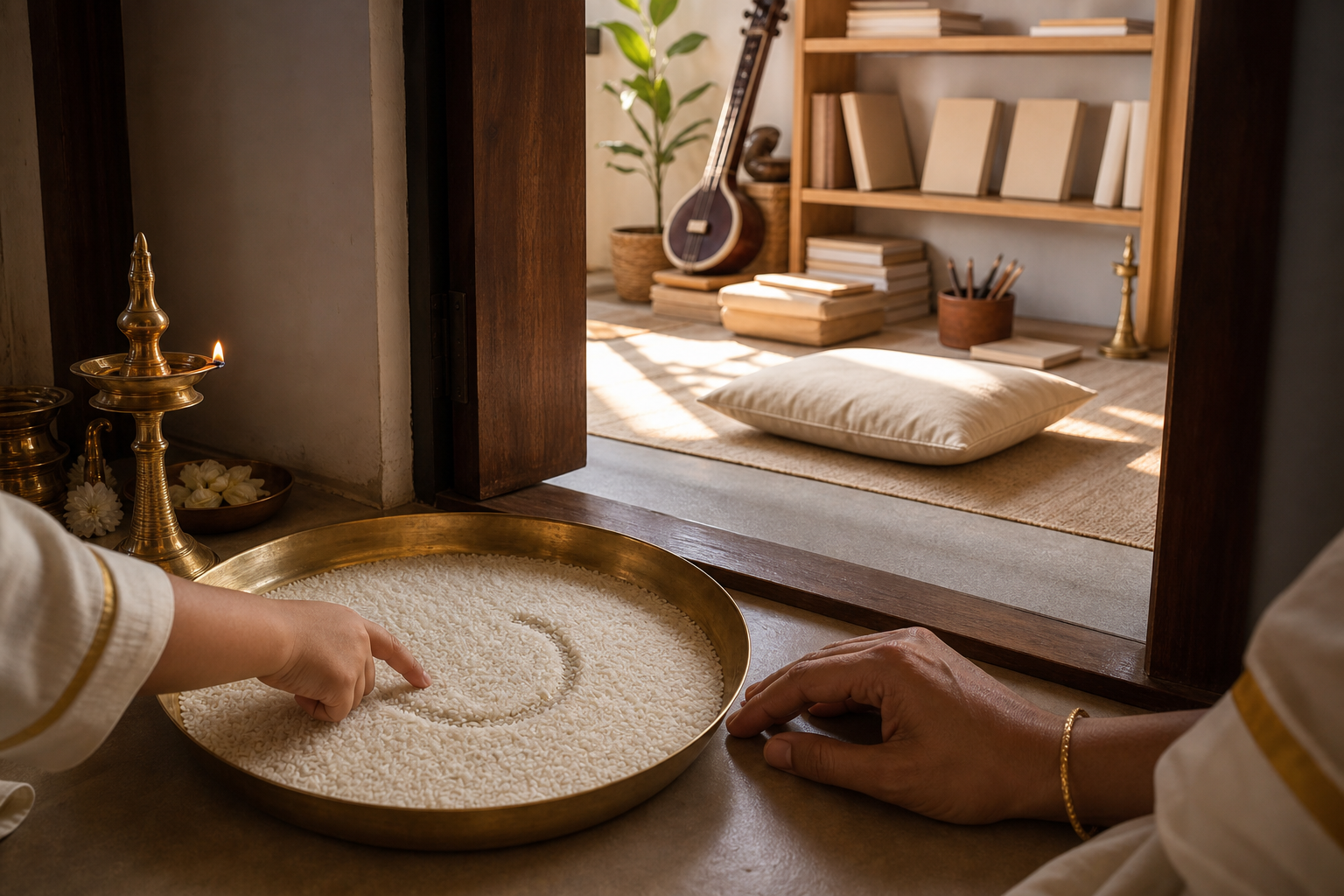 A child's hand traces a simple mark in rice near an open doorway leading to a sunlit study area with books and art materials.