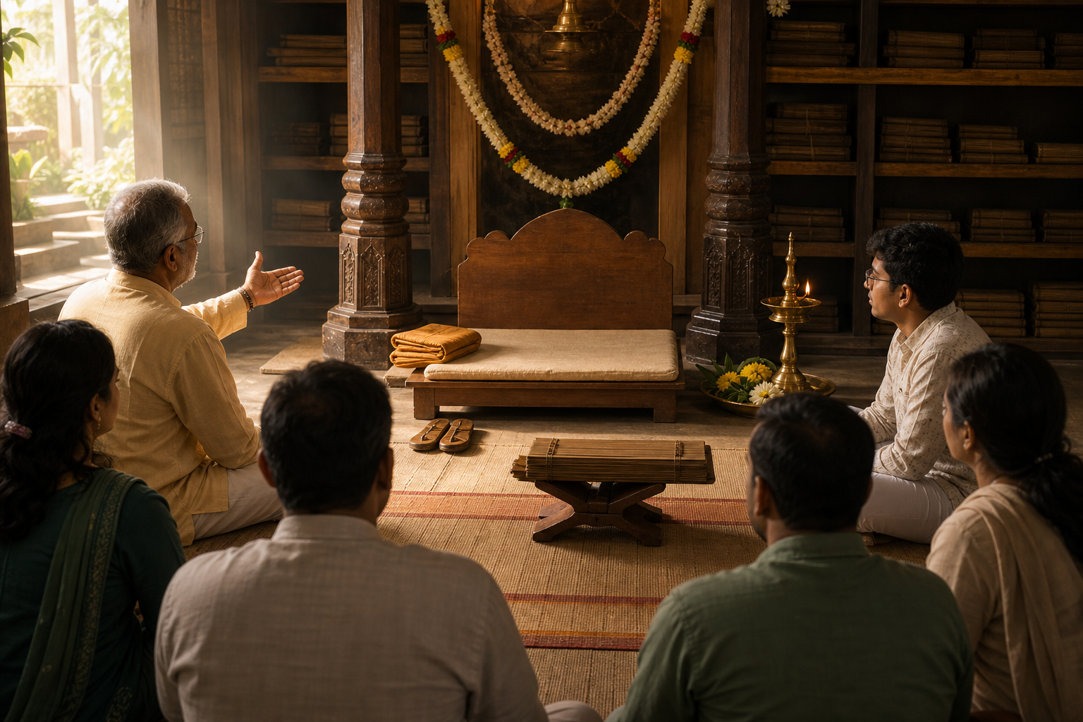 Readers sit before an empty teacher's seat with wooden sandals, a folded cloth, a closed palm-leaf manuscript, and a small lamp.