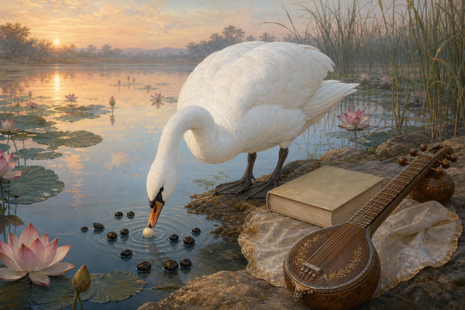 A white swan selects a pale lotus seed from dark husks beside a still pond, with a closed book and veena on the bank.
