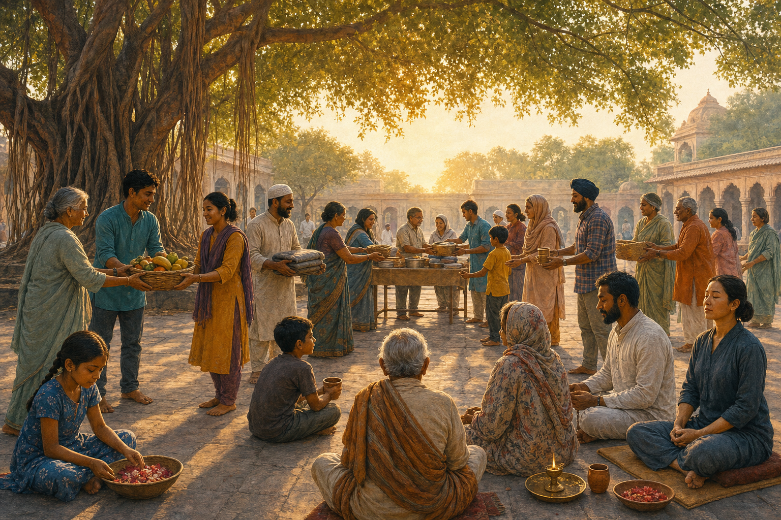A multigenerational South Asian community works together in a banyan-shaded courtyard while several distinct devotional objects remain in separate spaces.