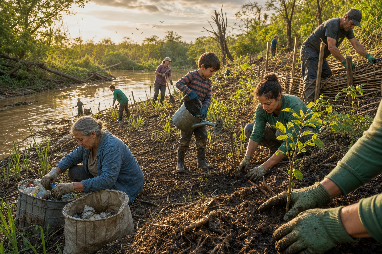 Community members plant native vegetation, remove debris, and stabilize a flood-damaged riverbank as new growth emerges.