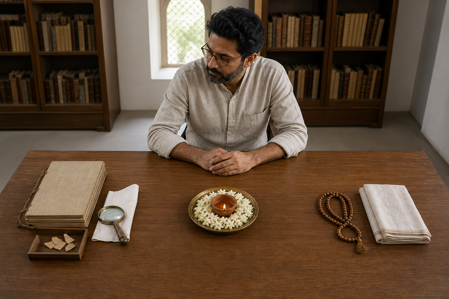 A reader sits at a table where archival tools, a flower and clay lamp, and prayer beads with a meditation cloth are arranged in separate groups.