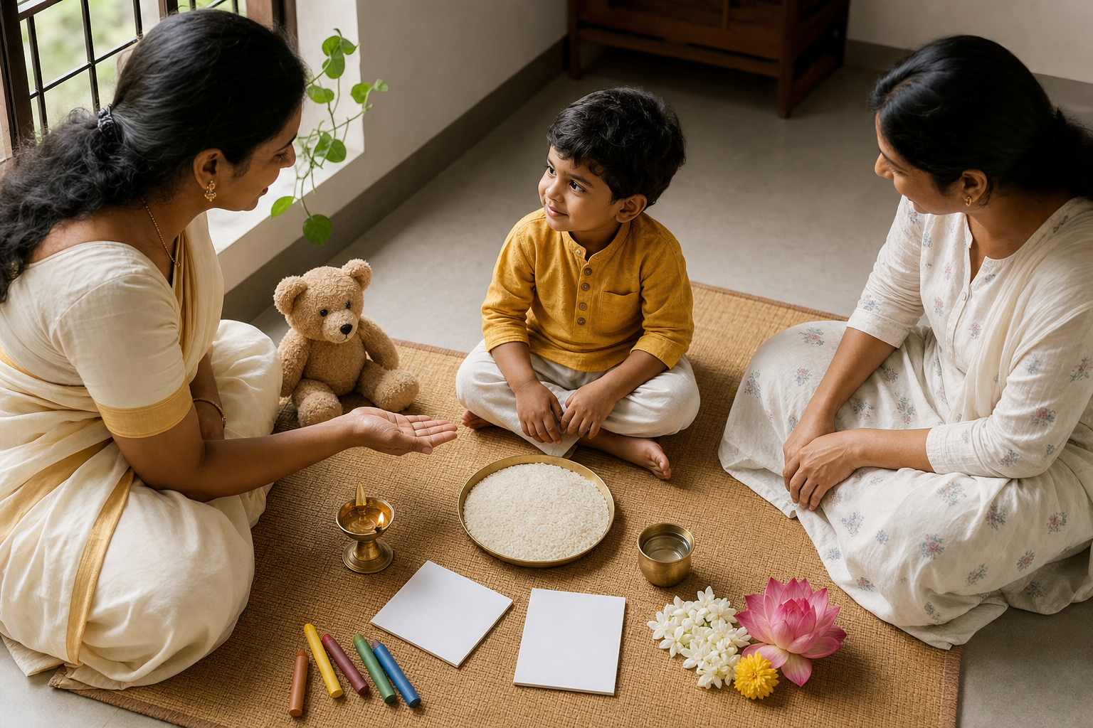 A relaxed child sits on a mat while two caregivers arrange a reachable rice plate, blank cards, drawing tools, flowers, and a toy.