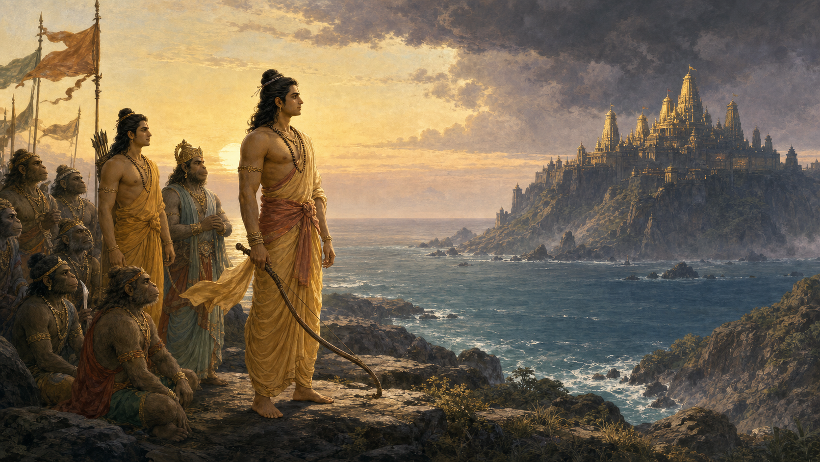 Rama stands calmly with a lowered bow on the seashore as Lakshmana, Hanuman, Angada, Vibhishana, and the vanara council face the island city of Lanka at sunrise.