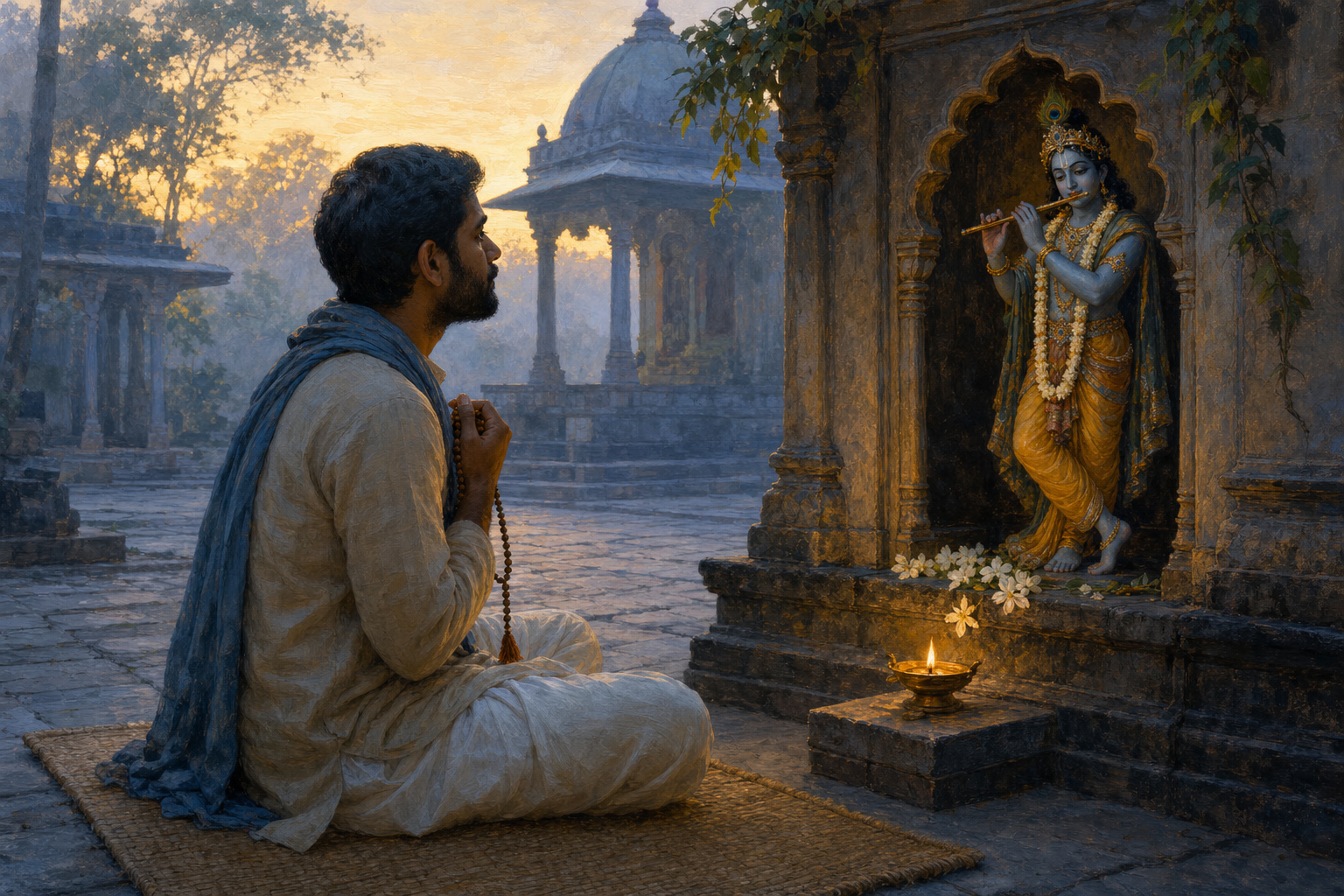 A devotee holding prayer beads sits quietly before a small Krishna shrine with an oil lamp and jasmine flowers at dawn.