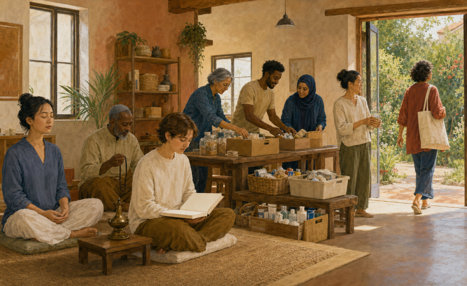 People meditate, pray, pack community supplies, and freely enter or leave different areas of a bright community hall.