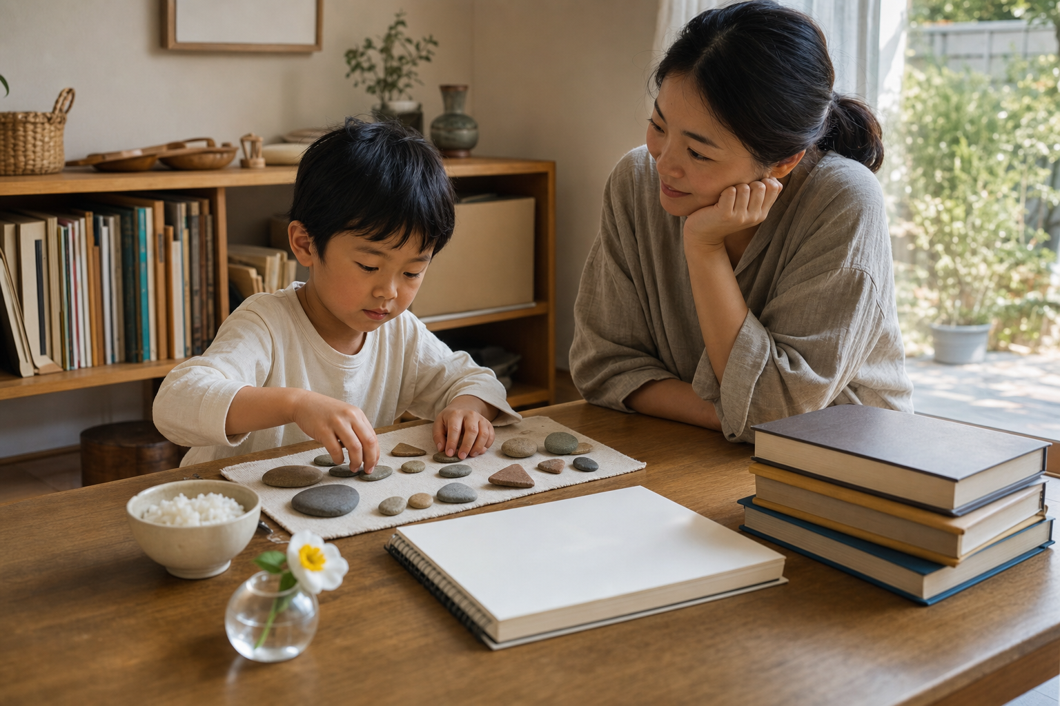 A child and parent practice sorting objects together at a low table beside blank books, a small bowl of rice, and a flower.