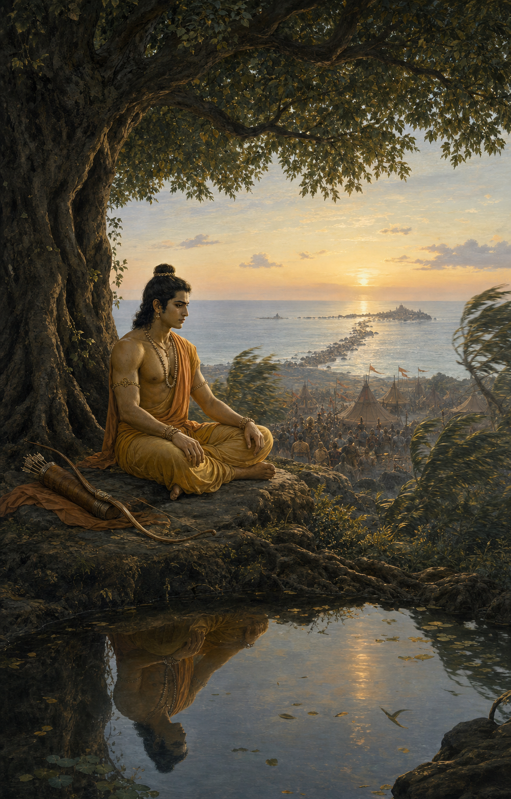 Rama sits in reflection beneath a coastal tree at dawn, with his bow set aside, a still pool at his feet, and the sea and encampment in the distance.