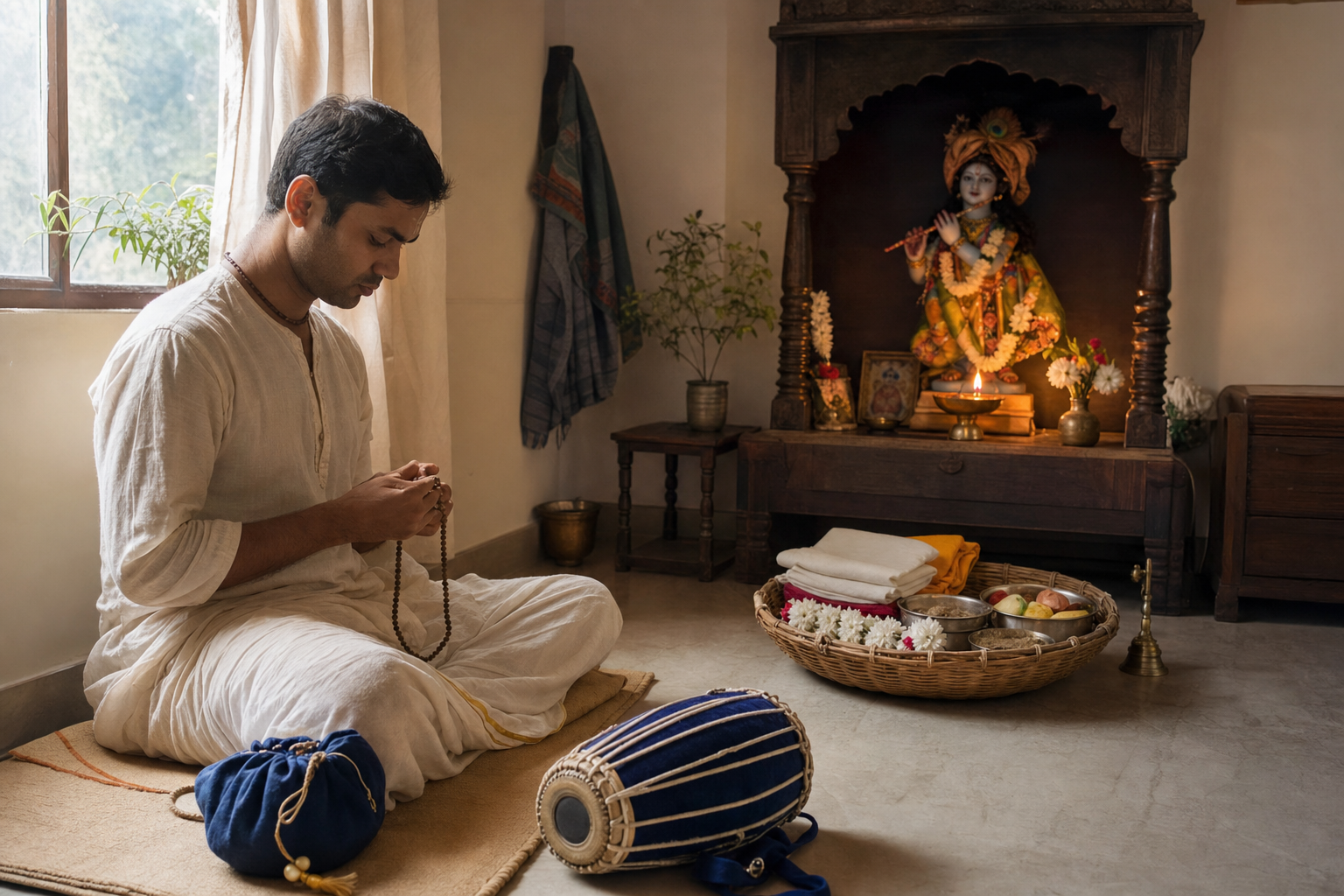 A devotee uses prayer beads in a home shrine room beside a hand drum, an oil lamp, flowers, and a basket prepared for service.