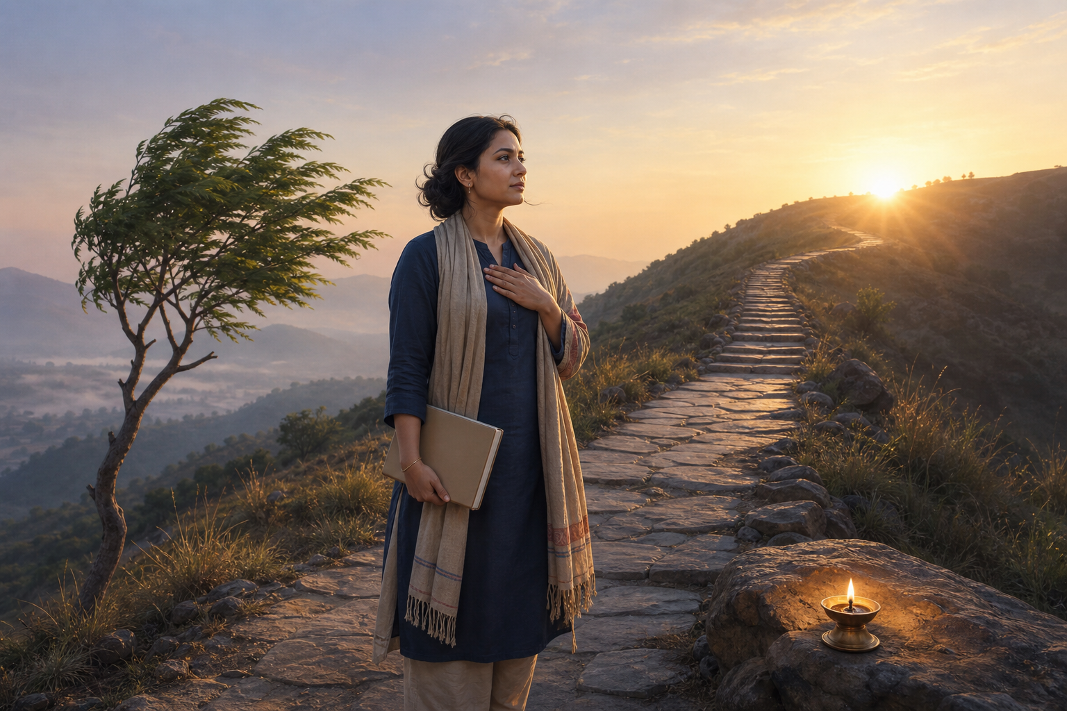 A person pauses on a hillside path at sunrise with one hand over their heart, beside a glowing oil lamp and a wind-bent young tree.