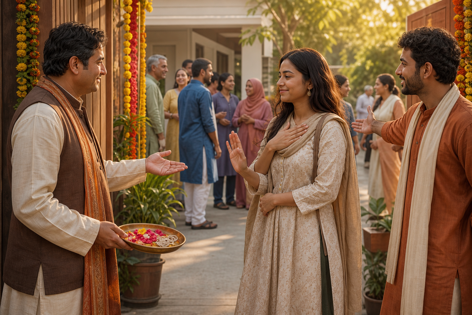 A guest politely declines a ceremonial offering at a community entrance while the host accepts the choice and keeps the gathering open to them.