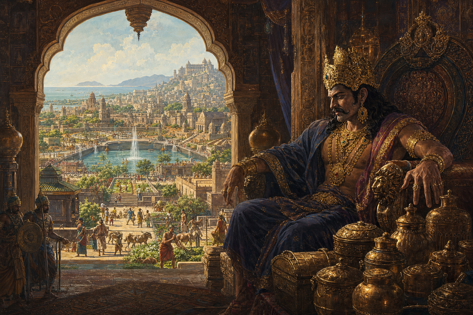 A crowned ruler grips his throne beside sealed treasure vessels while the homes, workshops, gardens, reservoirs, and residents of Lanka are visible through an open palace arch.