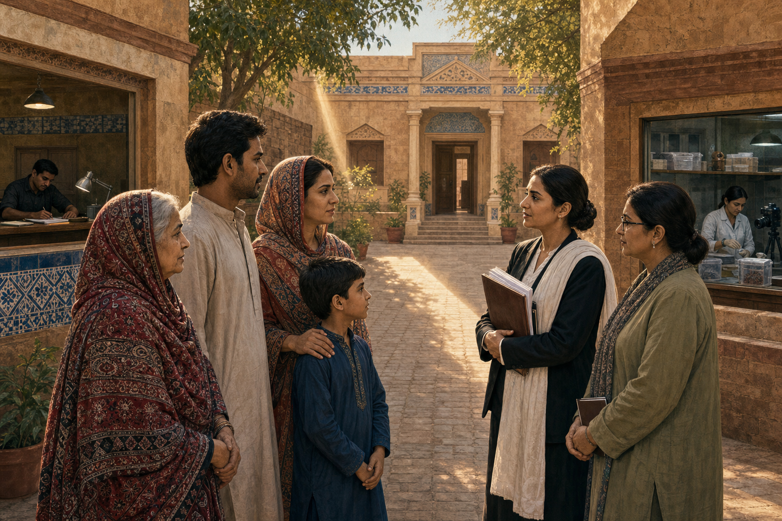 A multigenerational Sindhi Hindu family stands with a legal advocate in a civic courtyard leading toward police, evidence, and courthouse spaces.